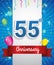 Celebrating 55th Anniversary logo, with confetti and balloons, red ribbon, Colorful Vector design template elements for your