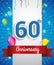 Celebrating 60th Anniversary logo, with confetti and balloons, red ribbon, Colorful Vector design template elements for your