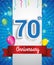 Celebrating 70th Anniversary logo, with confetti and balloons, red ribbon, Colorful Vector design template elements for your