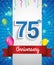Celebrating 75th Anniversary logo, with confetti and balloons, red ribbon, Colorful Vector design template elements for your