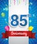 Celebrating 85th Anniversary logo, with confetti and balloons, red ribbon, Colorful Vector design template elements for your