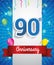 Celebrating 90th Anniversary logo, with confetti and balloons, red ribbon, Colorful Vector design template elements for your