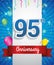 Celebrating 95th Anniversary logo, with confetti and balloons, red ribbon, Colorful Vector design template elements for your