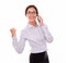 Celebrating brunette businesswoman with cell phone