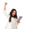 Celebrating businesswoman with tablet holding hand in the air
