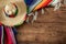 Celebrating Cinco de Mayo and Mexican fiesta conceptual idea with authentic hat sombrero and traditional colourful rug serape