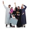 Celebrating culture. Studio portrait of an overjoyed muslim family holding up a blank sign isolated on white.