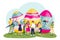 Celebrating Easter. Vector illustration of happy people painting Easter eggs. Holidays design elements and characters