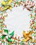 Celebration background with colorful confetti and homemade paper fans, light background, top view. Free space for text
