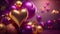 Celebration background, gold and pink colored balloons. Gifts and confetti, glittering heart shape balloons.