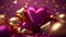 Celebration background, gold and pink colored balloons. Gifts and confetti, glittering heart shape balloons.