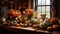 celebration harvest abundance pumpkin flower arrangements on the table in a cozy country room. Generative AI,