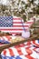 Celebration of Independence Day. Cookies and cocktails on a US flag tray in a garden with flowering trees