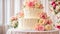 celebration multi-tiered cream holiday cake, flowers bridal table elegant decoration setting