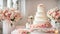 celebration multi-tiered tasty holiday cake, flowers bridal table elegant decoration setting