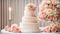 celebration multi-tiered wedding cake, flowers bridal table