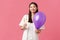 Celebration, party holidays and fun concept. Tender pretty asian woman in white dress, holding balloon and glass