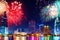 Celebration. Skyline fireworks in city. Cityscape, urban landscape. Holidays