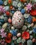 Celebration of Spring: Artistic Easter Egg between Flowers and Stones, Enchanting Representation of Rebirth