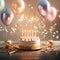 Celebration tableau Birthday cake, candles, and balloons create festive ambiance
