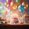Celebration tableau Birthday cake, candles, and balloons create festive ambiance