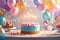 Celebration tableau Birthday cake, candles, and balloons create festive ambiance