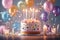 Celebration tableau Birthday cake, candles, and balloons create festive ambiance