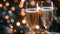 Celebration toast. Champagne glasses with gold sparkle bokeh. champagne bubbles in glasses on a festive blurred