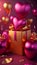 Celebration vertical background, gold and pink colored balloons. Gifts and confetti, glittering heart shape balloons.