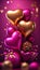 Celebration vertical background, gold and pink colored balloons. Gifts and confetti, glittering heart shape balloons.