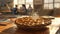 Celebration of world PI day with delicious apple pie on a wooden desk blurred students and teacher in background.