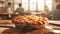 Celebration of world PI day with delicious apple pie on a wooden desk blurred students and teacher in background.