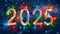 Celebratory 2025 Balloons with Festive Lights Background