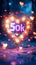 Celebratory 50k sign glowing with festive lights and floating hearts, symbolizing a milestone of 50,000 followers or likes in