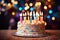 Celebratory Birthday Cake with Candles Illuminated by Vibrant Bokeh Lights. created with Generative AI
