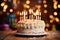 Celebratory Birthday Cake with Candles Illuminated by Vibrant Bokeh Lights. created with Generative AI