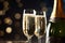 Celebratory Bubbles Bottle of Sparkling Wine with Three Flute Glasses on Gray Background with Christmas Lights. created with