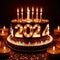 Celebratory cake with candles and wording 2024