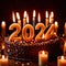 Celebratory cake with candles and wording 2024