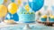 Celebratory cake with number nine candle, balloons, and party decor on blurred background