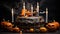 Celebratory Cake with with a skull, candles, bats and pumpkins on Halloween party on dark background. Generative AI