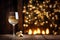Celebratory champagne toast on a dark, wooden backdrop, illuminated by festive lights, creating a warm and inviting