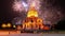 Celebratory colorful fireworks over the Les Invalides at night. Paris, France