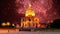 Celebratory colorful fireworks over the Les Invalides at night. Paris, France