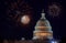 Celebratory fireworks of Independence day United States Capitol building in Washington DC, on the background