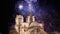 Celebratory fireworks over the Notre Dame de Paris (with zoom), France