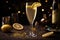 Celebratory French 75 cocktail, served in a champagne flute and garnished with a twist of lemon, surrounded by a festive