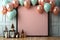 Celebratory mockup, pastel balloons, frame, confetti, flat lay