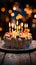 Celebratory scene birthday cake with candles on wooden table, lights