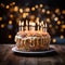 Celebratory scene birthday cake with candles on wooden table, lights